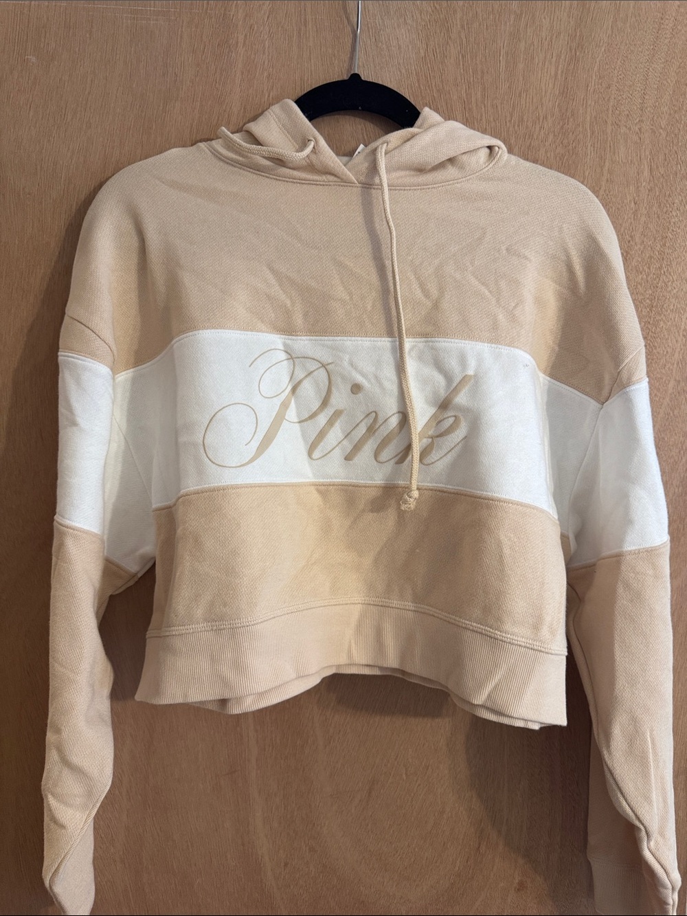 PINK Victoria's Secret Cream and White Cropped Hooded Pullover